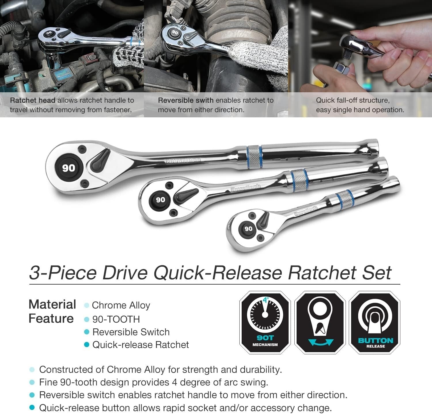 Efficient 3-Piece Ratchet Set with EVA Storage Tray - Perfect for Home & Auto