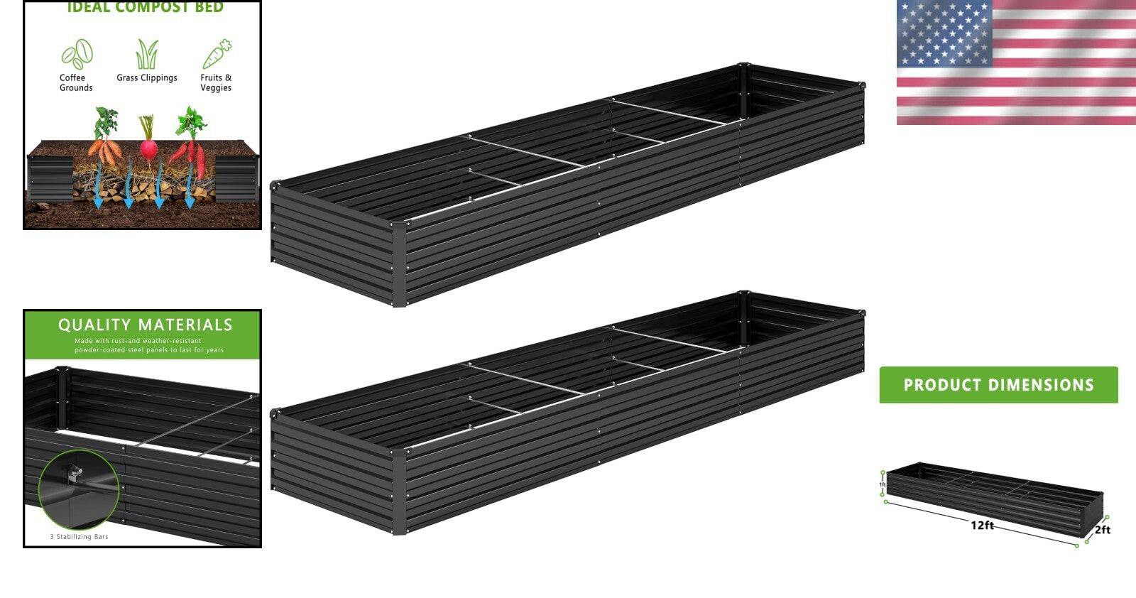2PCS 12x2x1FT Galvanized Metal Raised Garden Bed Kit for Effortless Planting