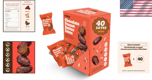 40 Ct Organic Medjool Dates Filled with Peanut Butter & Chocolate - Vegan Snack