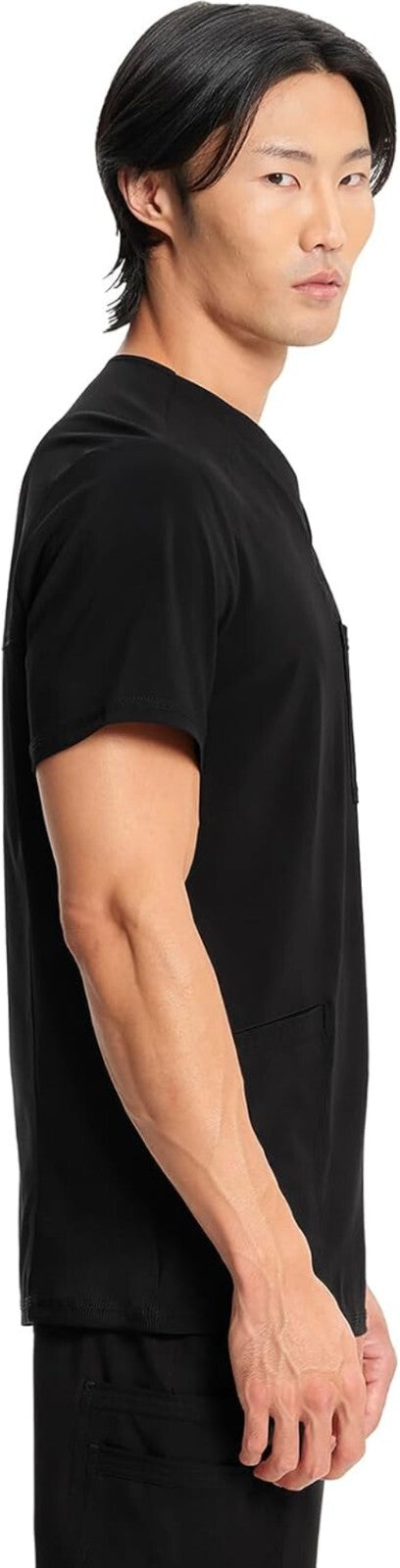 Stylish V-Neck Scrub Top for Men with Chest Pocket and Knit Back Panels