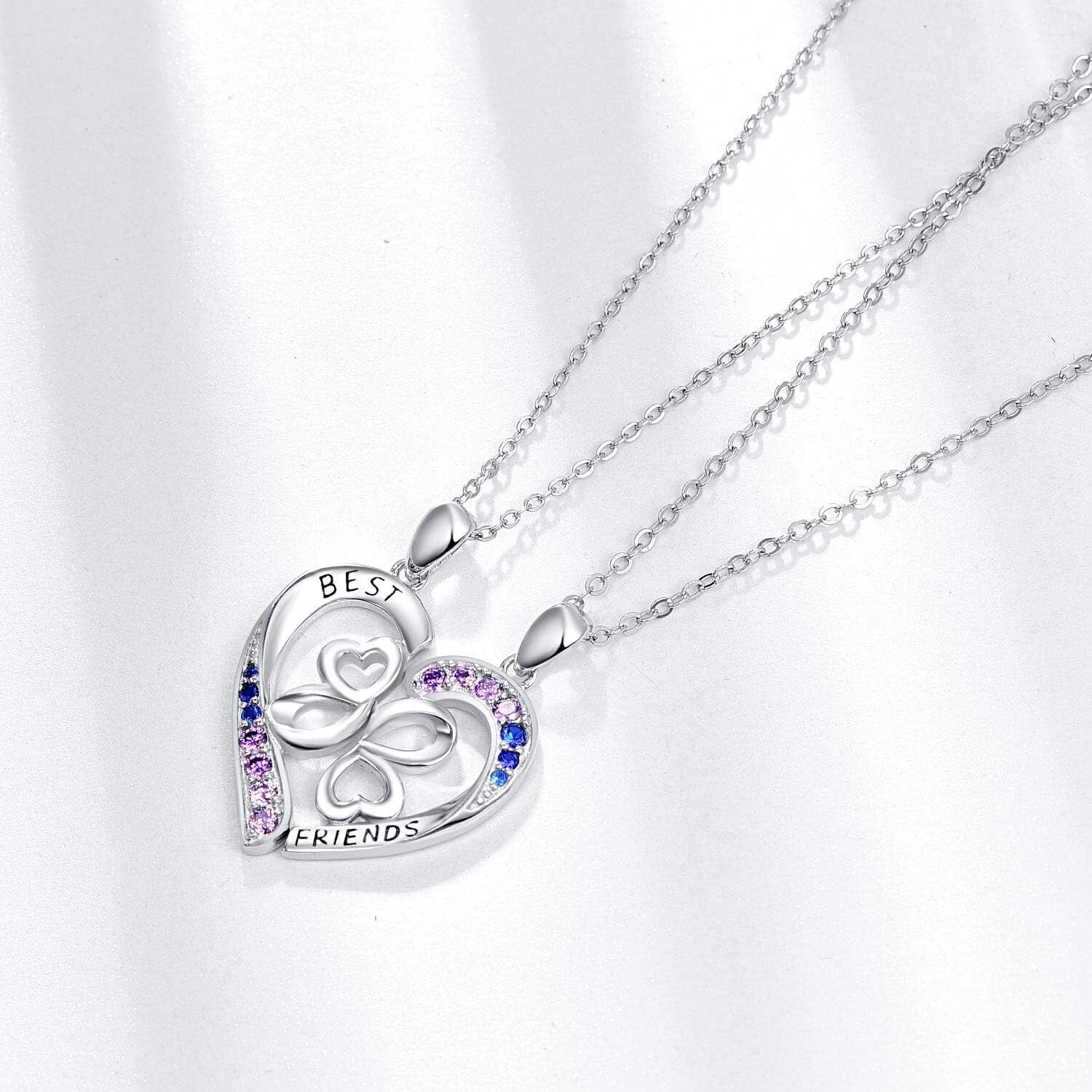 Charming Best Friend Necklaces in Sterling Silver with Heart and Gemstone Detail