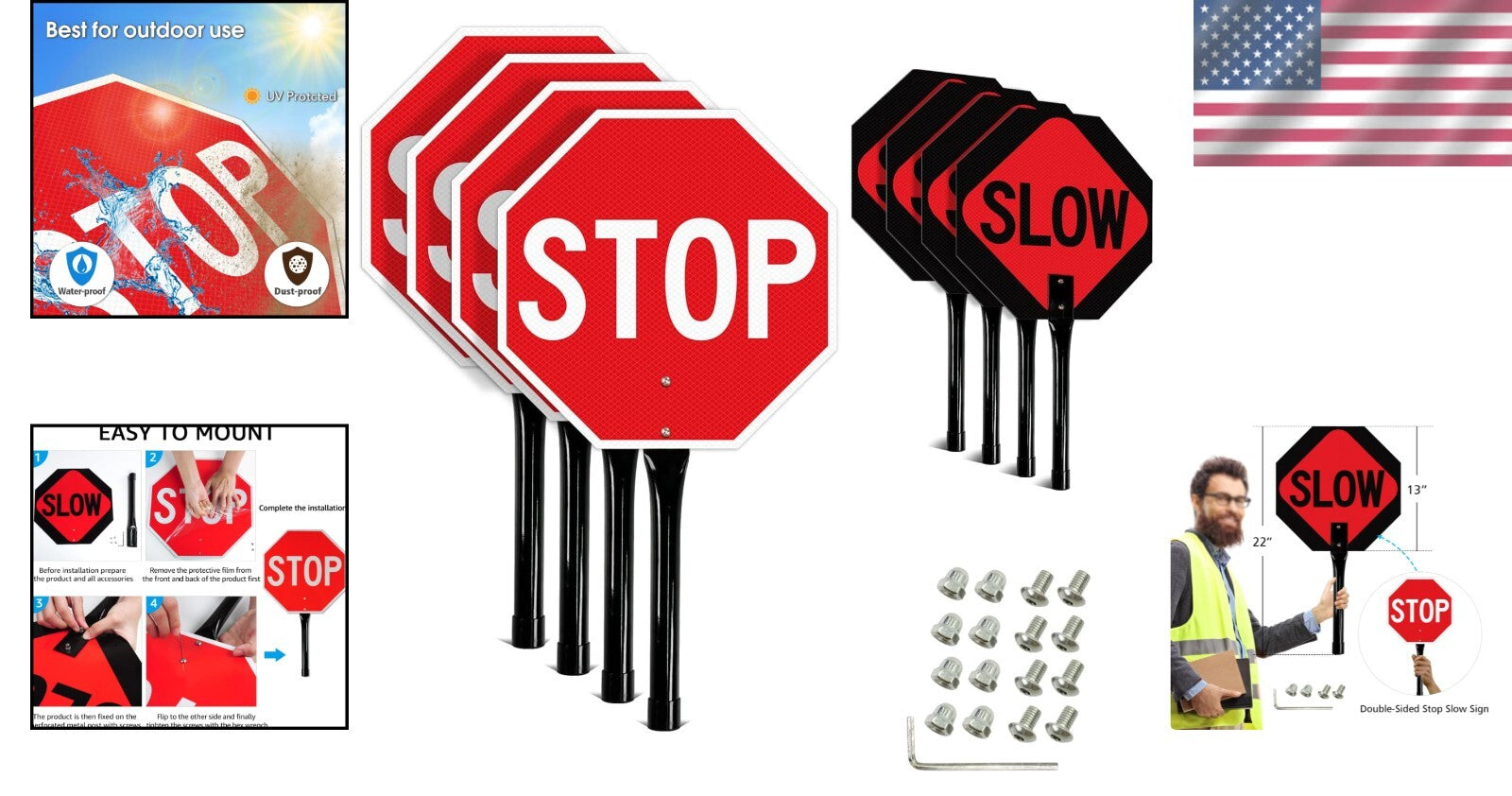 Reflective Aluminum Stop Slow Sign - 13x13 Inches, 4-Pack for Traffic Control