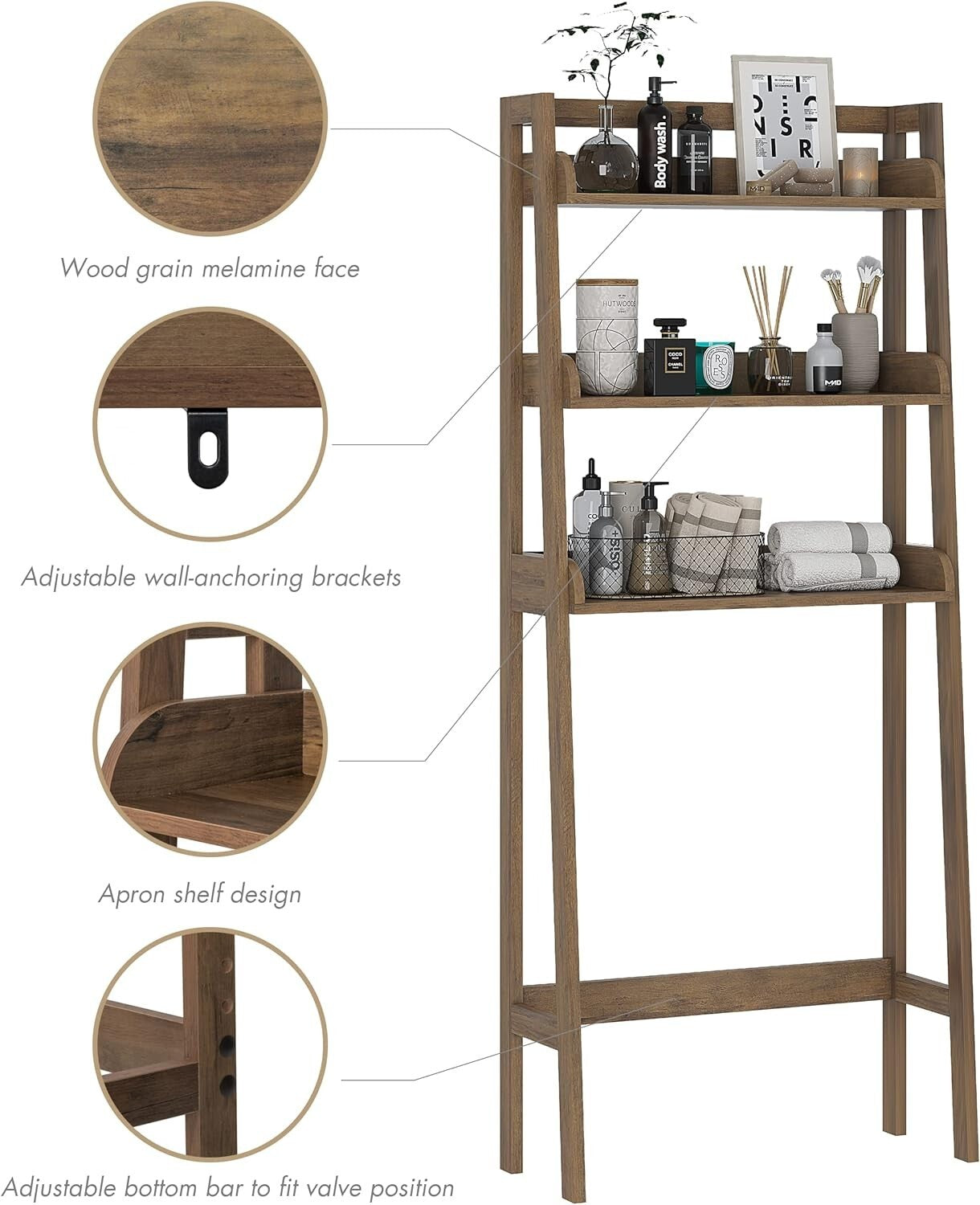 Durable 3-Tier Over Toilet Shelf - Engineered Wood Bathroom Storage Solution