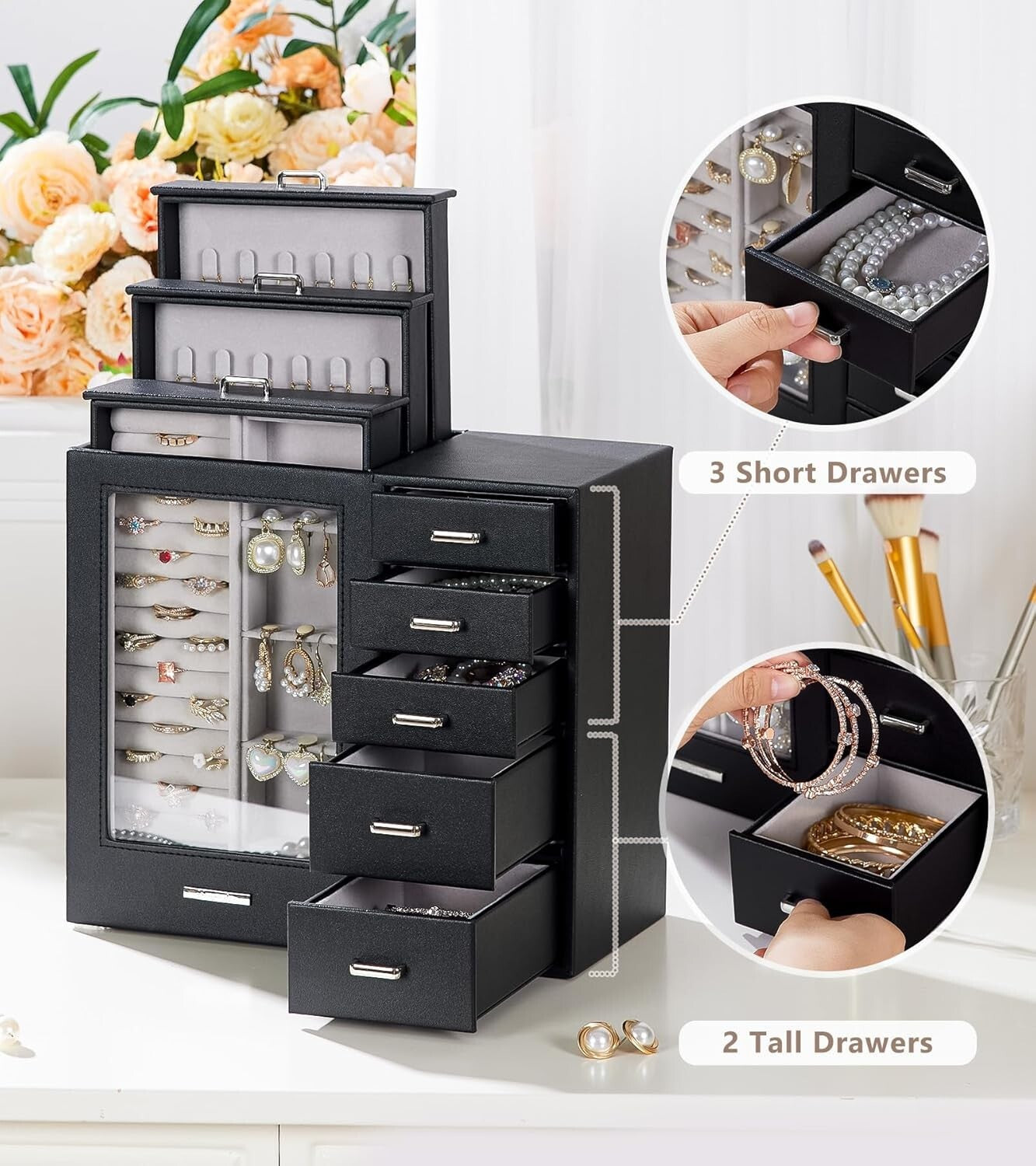 Elegant Large Jewelry Box Organizer with Glass Window & Velvet Lining - 5.4x10.8