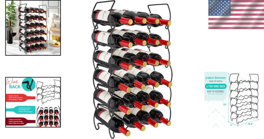 Durable 6-Tier Stackable Wine Rack for Kitchen, Bar: 24 Bottle Capacity