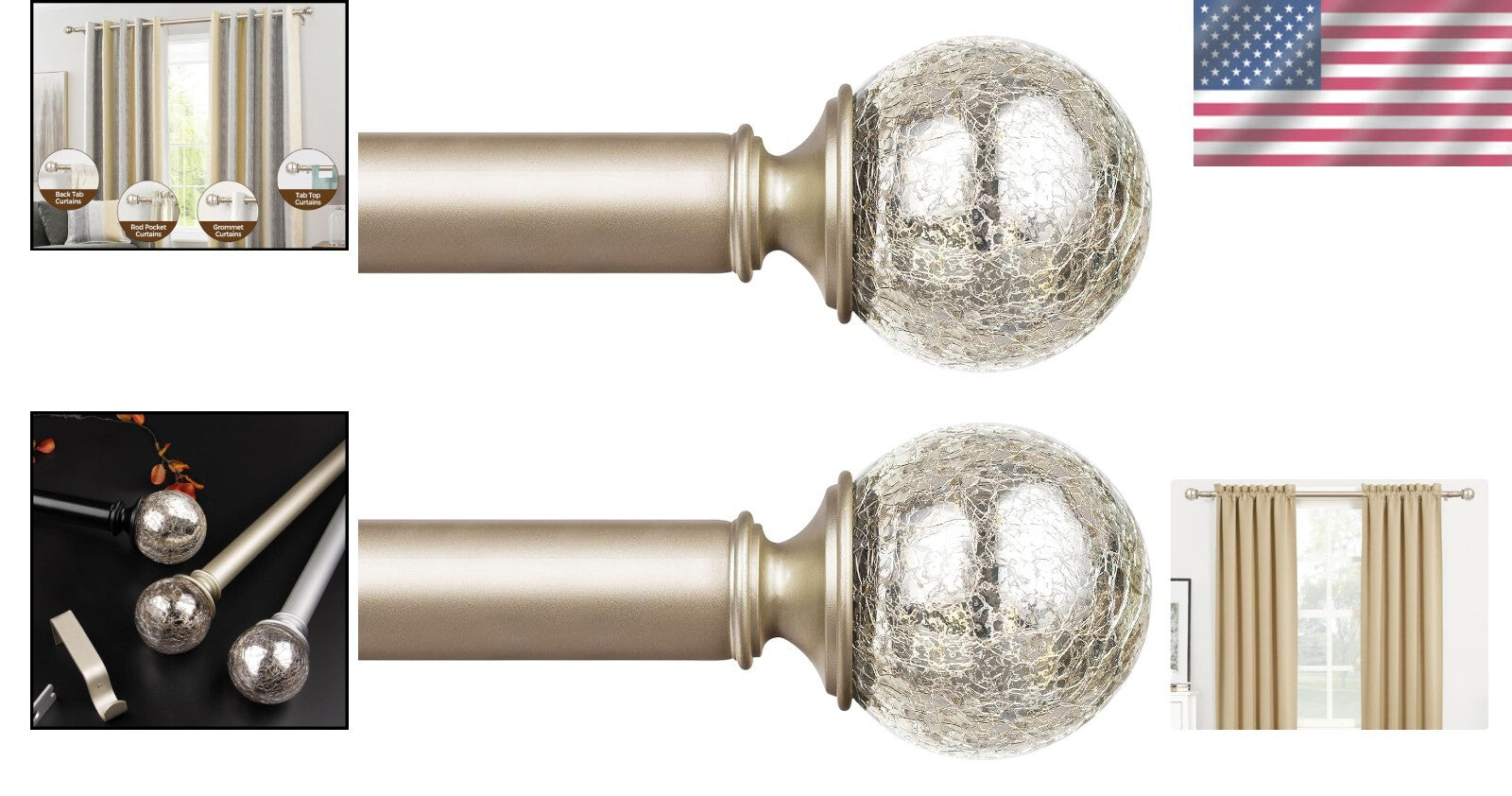 2-Pack Adjustable Curtain Rods 48-84 Inches, Champagne Gold with Crackle Finials
