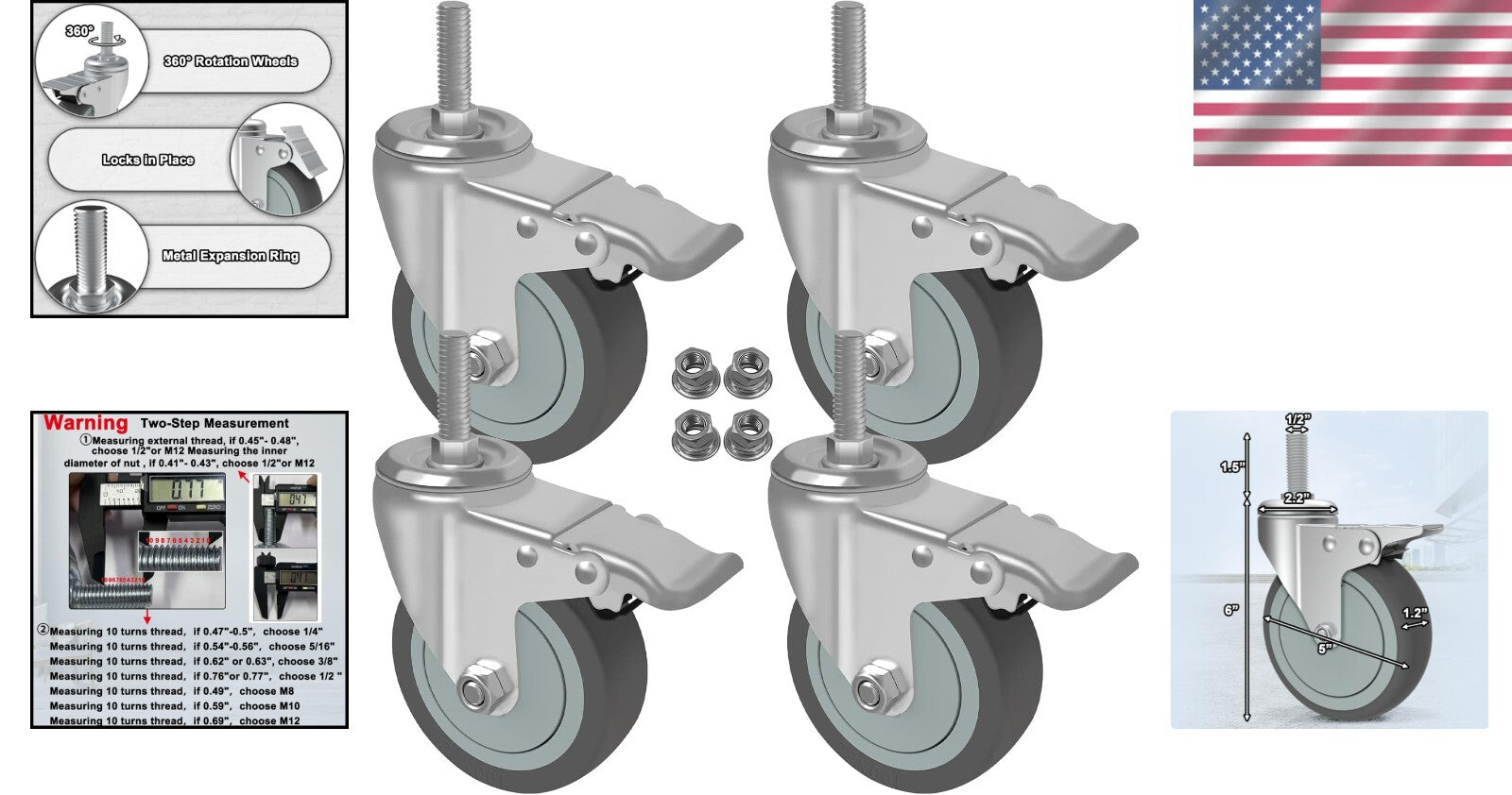 Set of 4 Long-Lasting 5 Inch Locking Casters - Ideal for Carts & Equipment