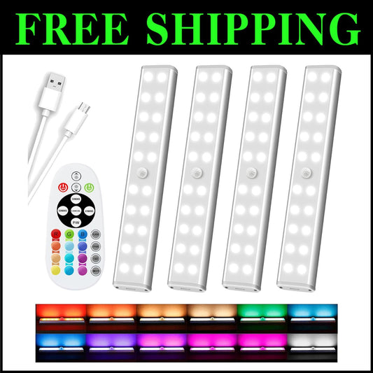 15 Color Changeable LED Under Cabinet Lighting - Magnetic & Dimmable, 4 Pack