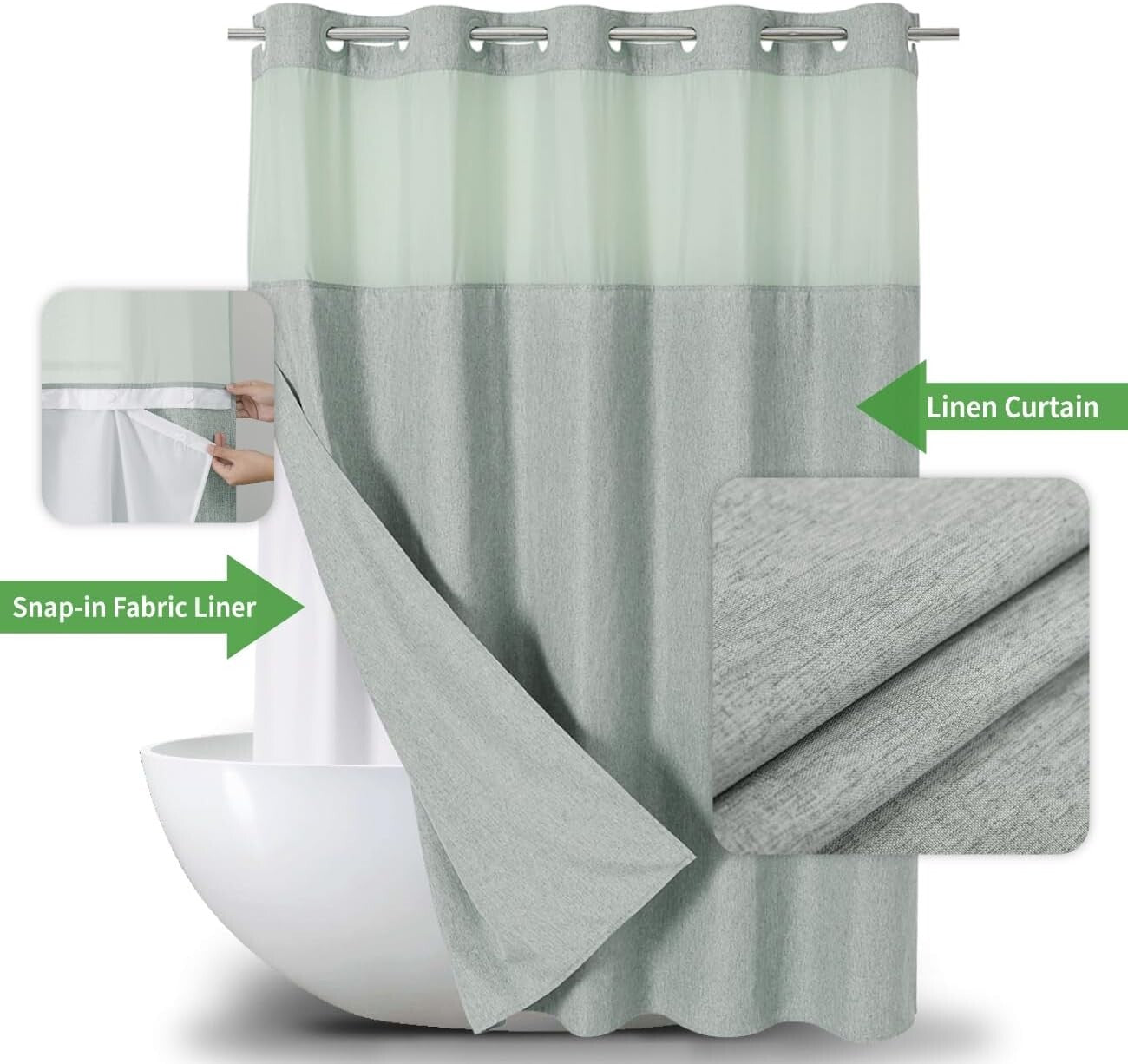 Luxurious Sage Green Shower Curtain with Linen Texture & Snap-In Liner 71x80
