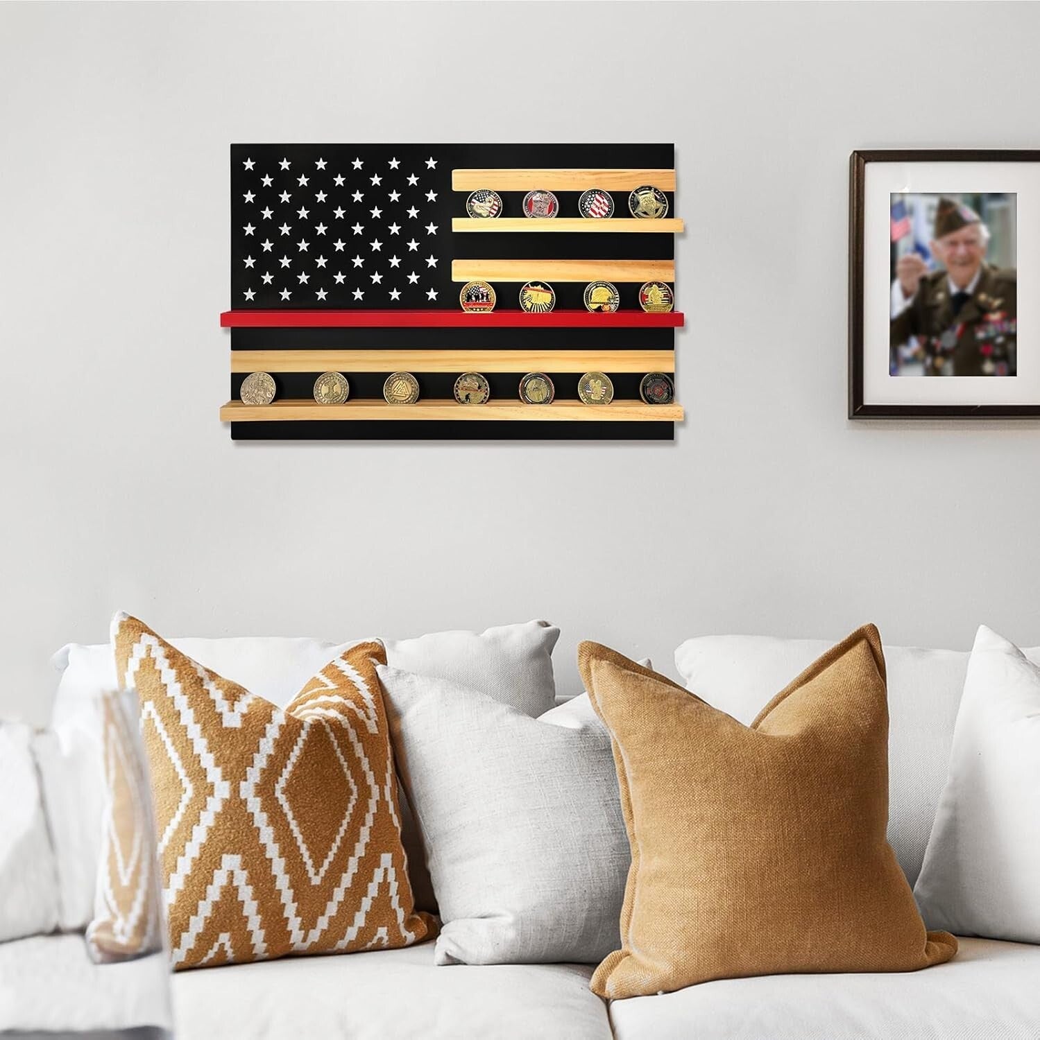 Elegant Thin Red Line Coin Holder - Solid Wood Display for 30 Challenge Coins