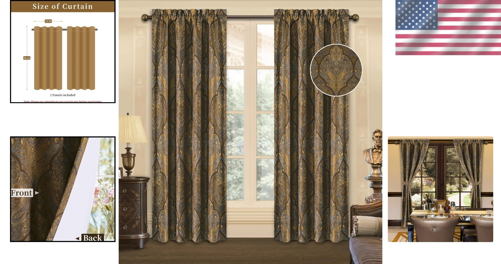 Darkening Jacquard Damask Curtain Panels - Luxury Bronze Gold Curtains Set of 2