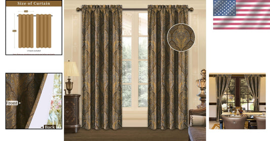 Darkening Jacquard Damask Curtain Panels - Luxury Bronze Gold Curtains Set of 2