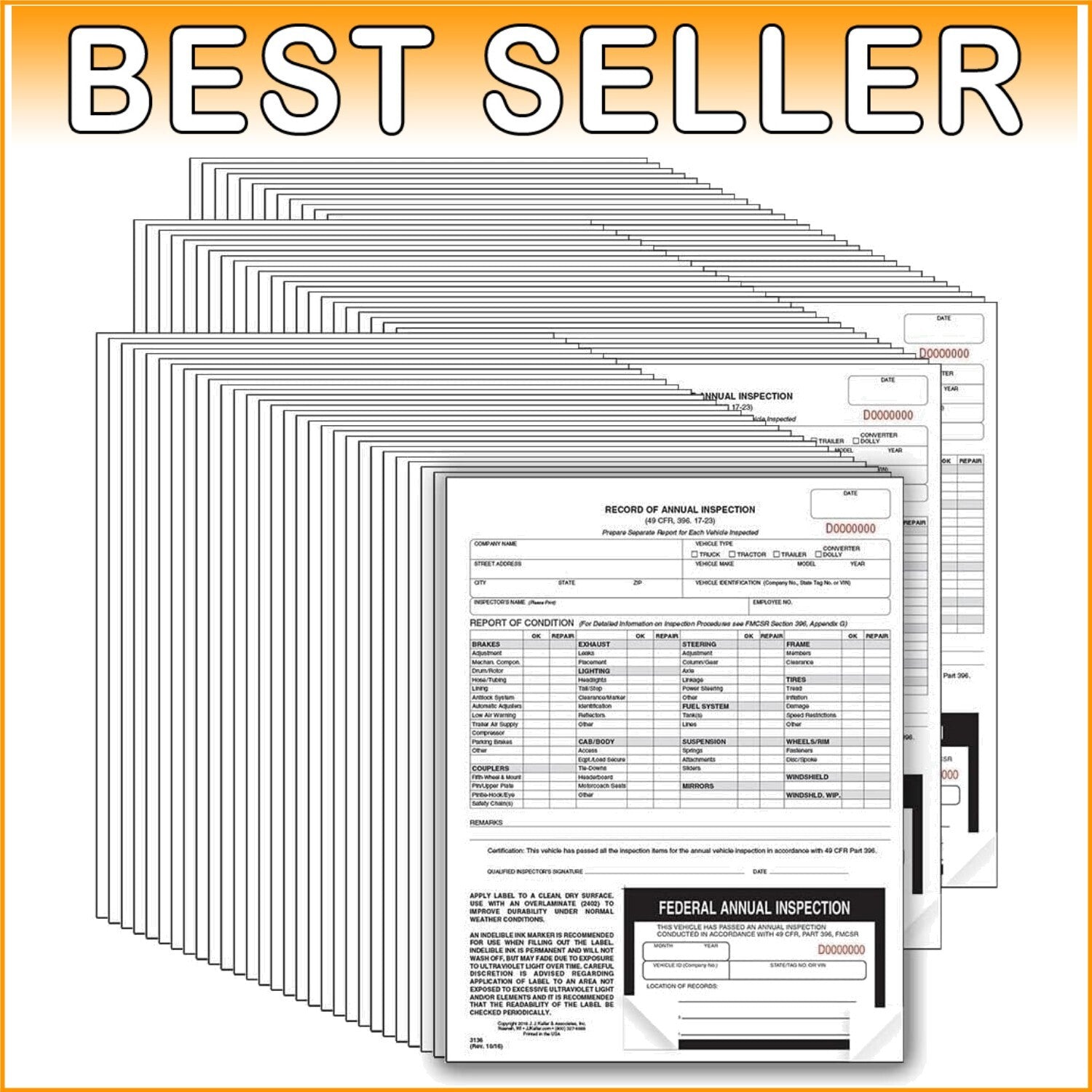 2-Ply Carbonless Annual Inspection Forms with Decals - 100 Count for Safety