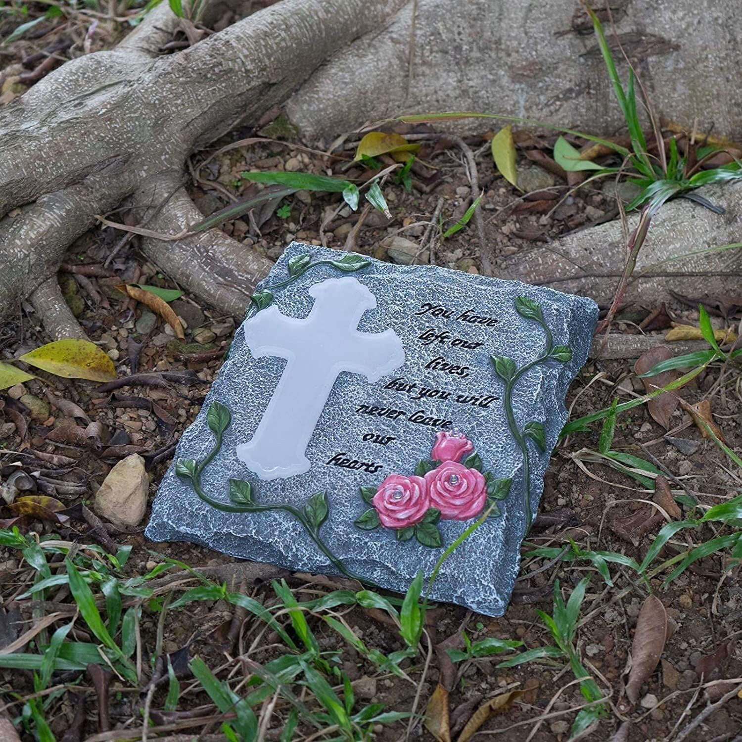 Elegant Solar-Powered Memorial Stepping Stone with Cross and Floral Carvings