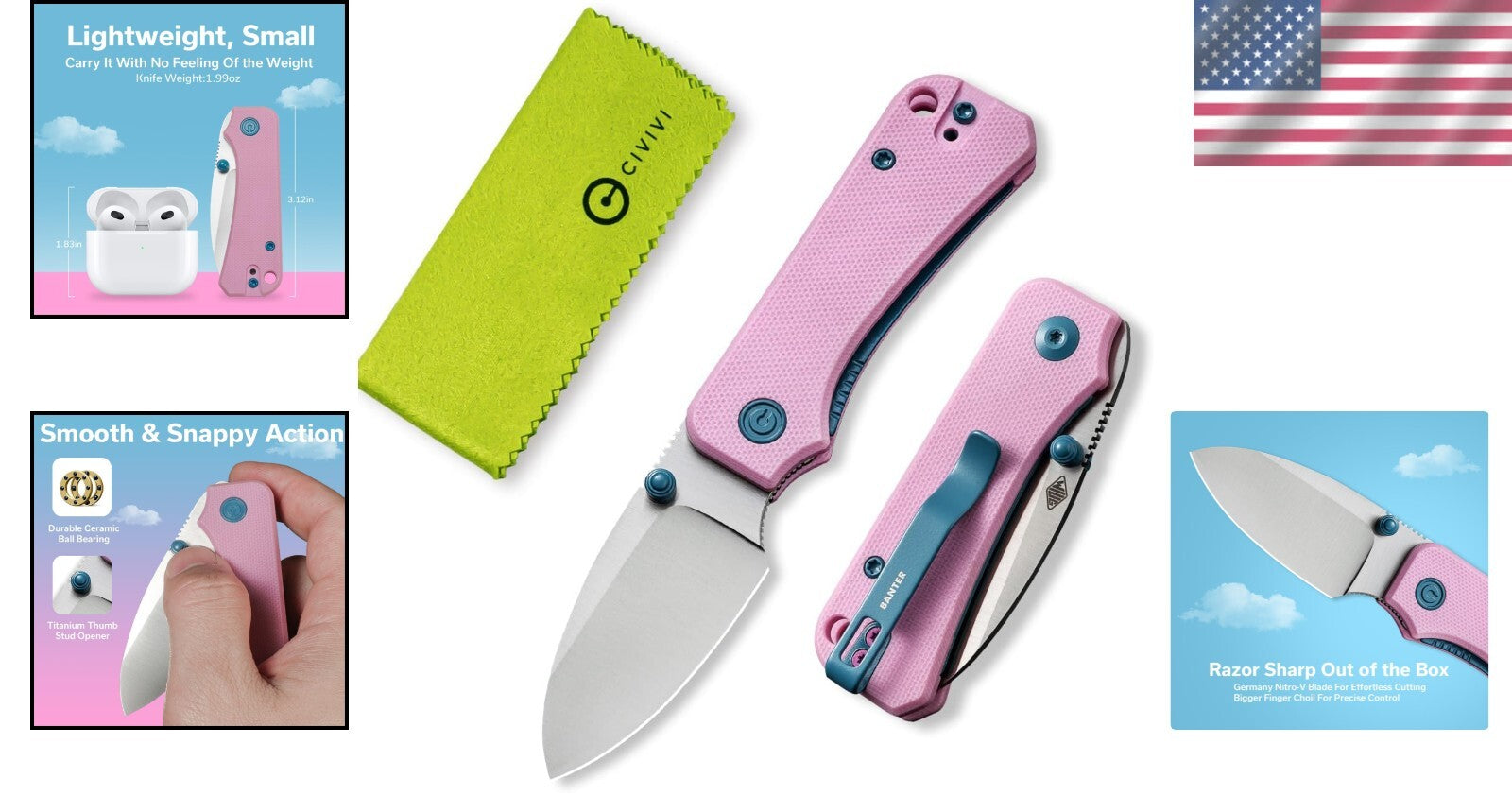 EDC Compact Folding Knife - 2.34" Nitro-V Blade, G10 Handle & Titanium Opener