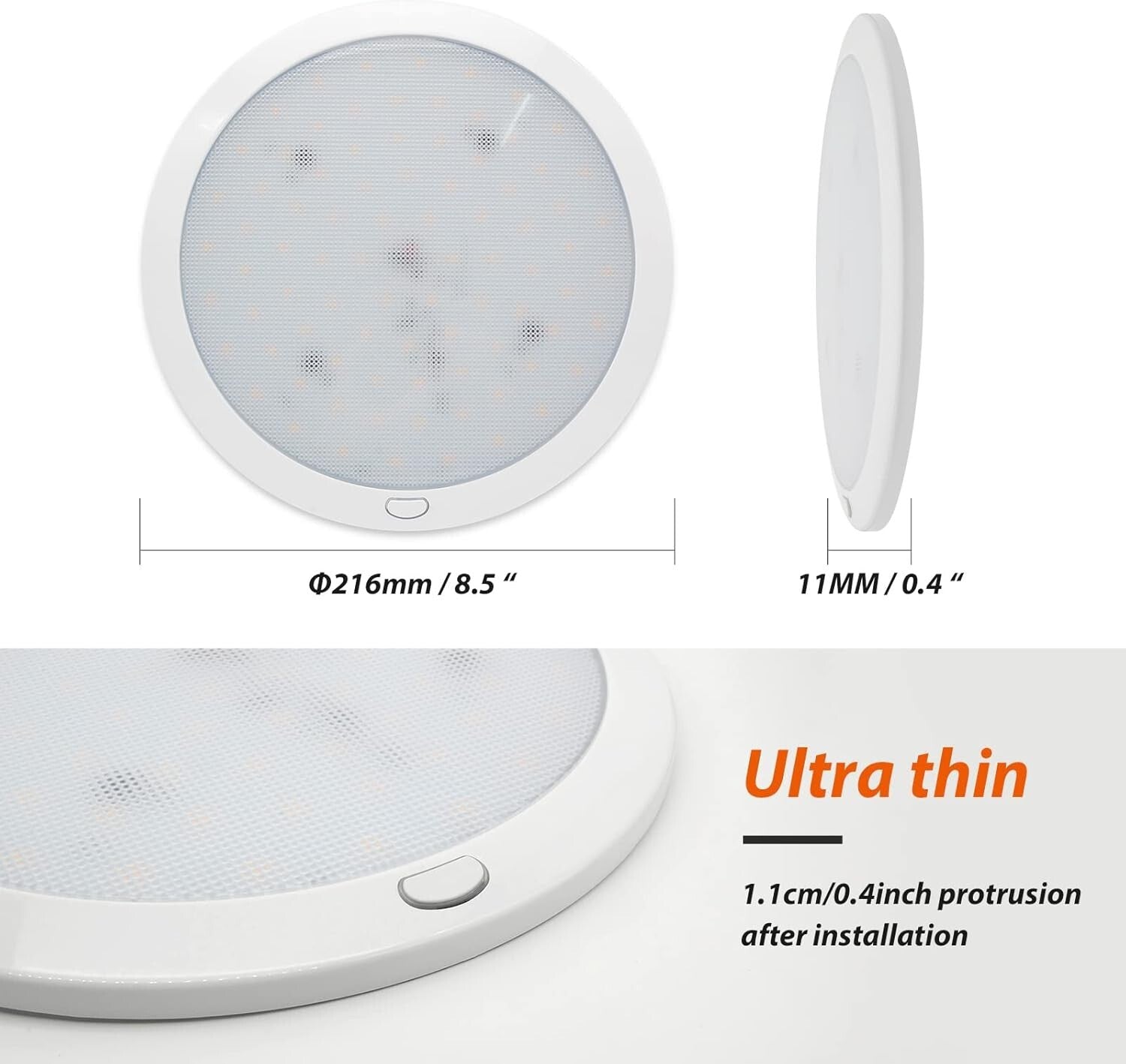 Versatile 12V LED Ceiling Light - Dimmable with Push Button Control, 8.5-Inch