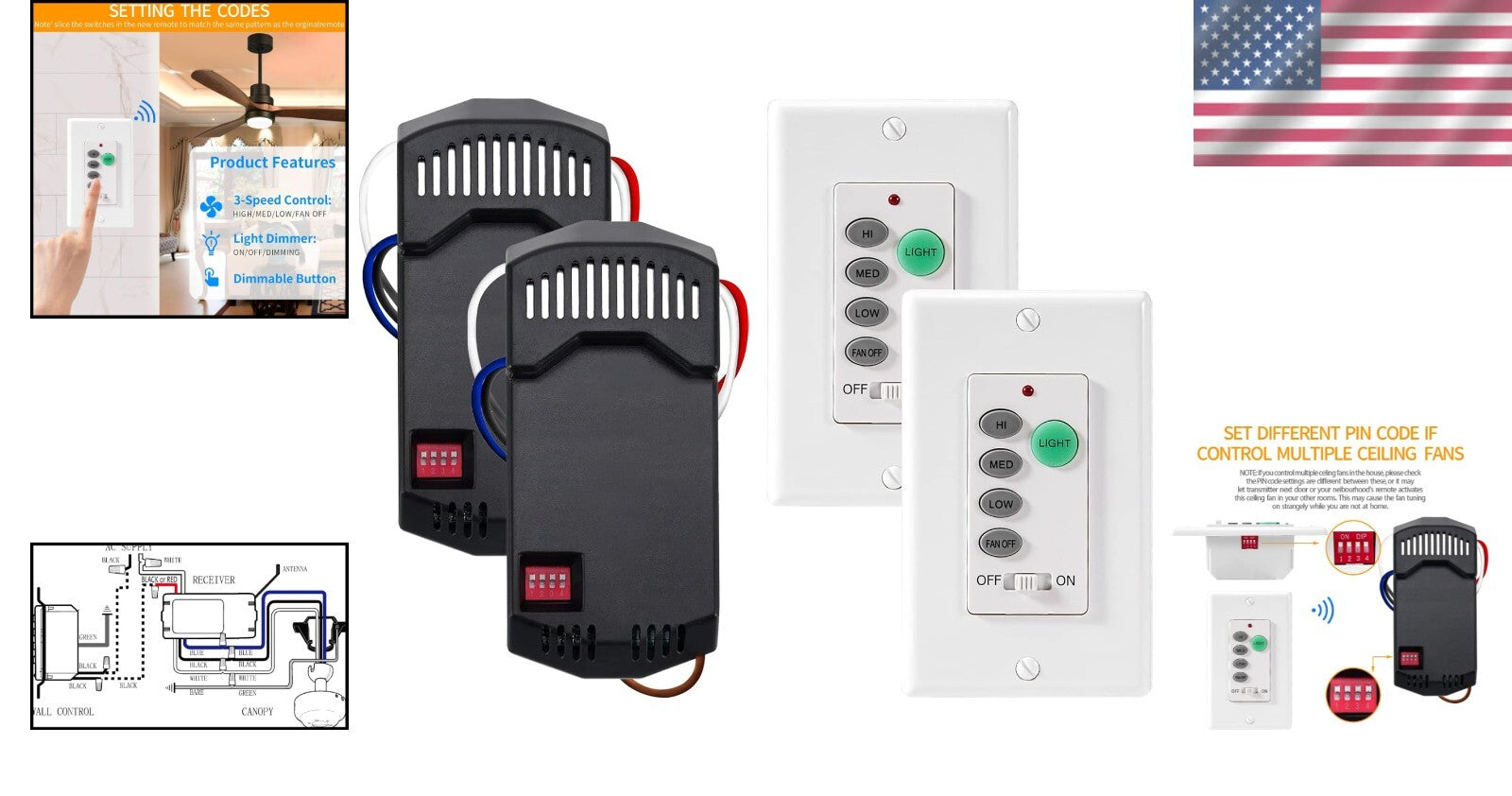 2 Pack Ceiling Fan Remote Control with Light Dimmer - Fits Hunter & Hampton Bay