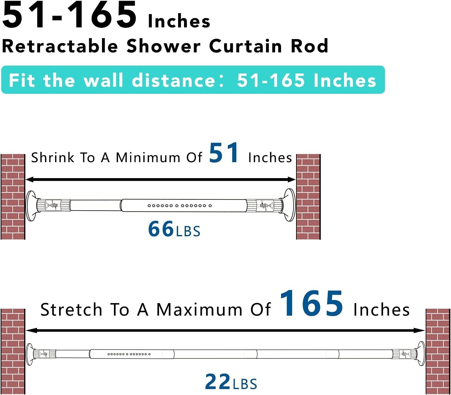Adjustable Tension Curtain Rod 51-165” - Rust-Free, Easy No Drill Installation