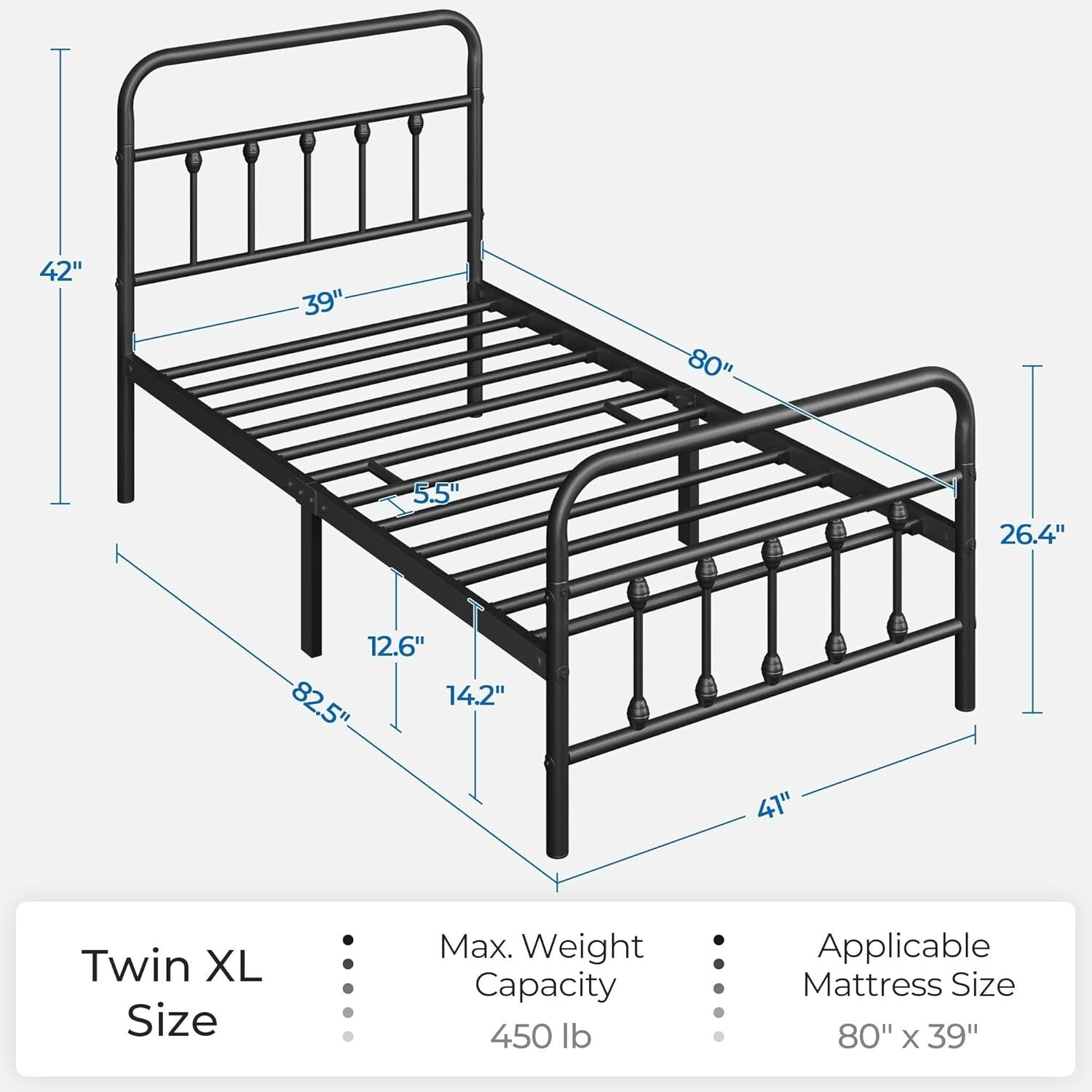 Elegant Black Iron Platform Bed Frame with High Headboard – No Box Spring Needed
