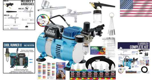 Complete Airbrushing System: Dual Fan Compressor & 6 Colors Acrylic Paint Set