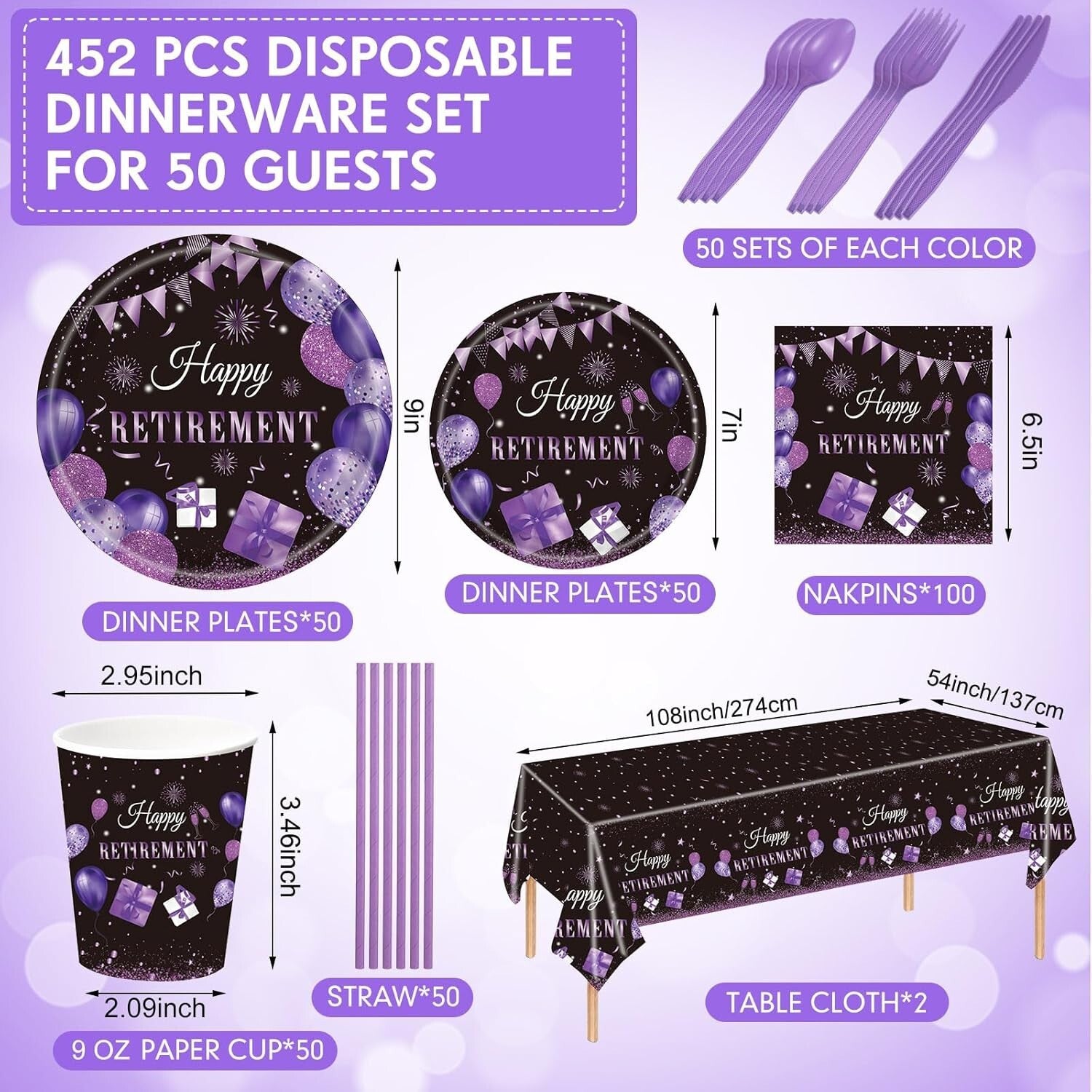 All-in-One 452-Piece Retirement Party Decorations - Classy Purple and Black Set
