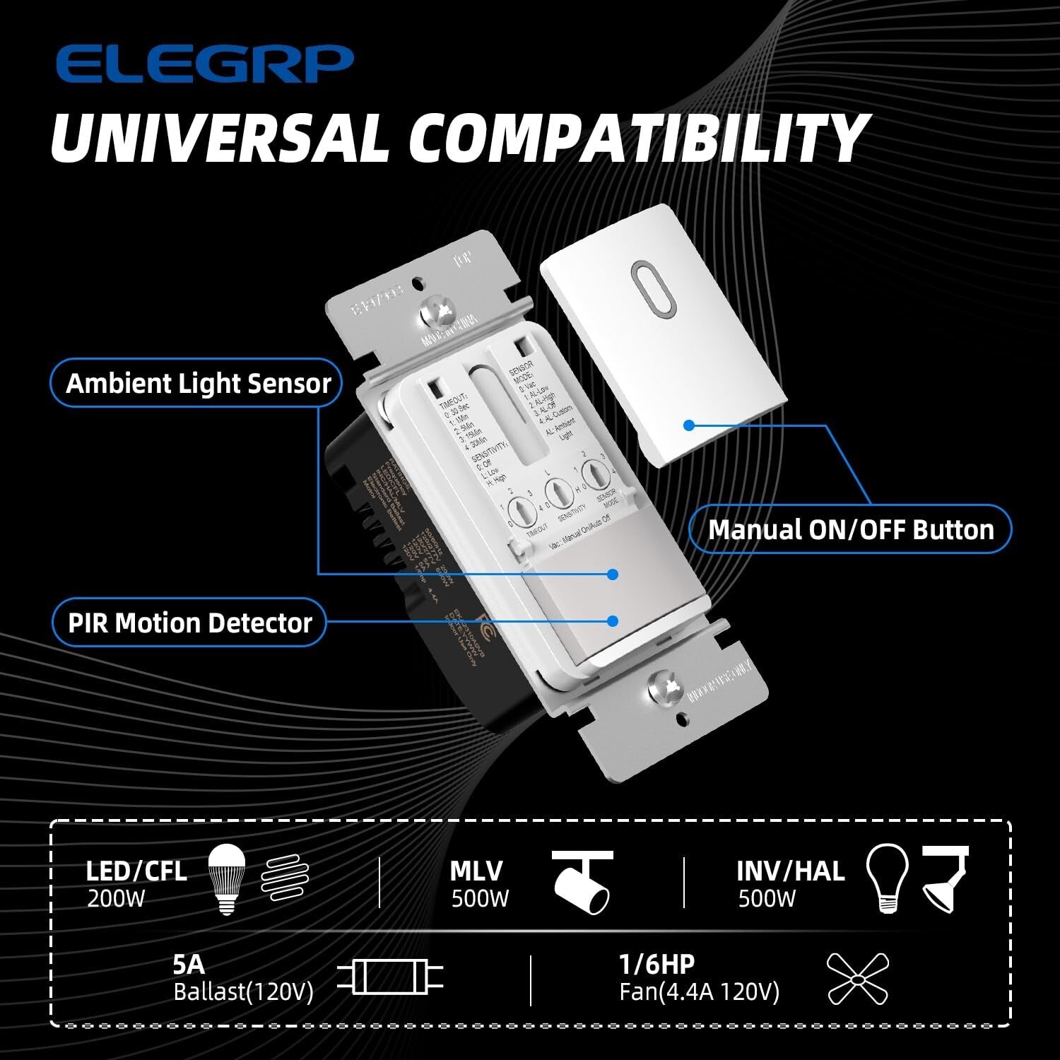 Smart Home Matte Finish Motion Sensor Light Switch with 120V Compatibility