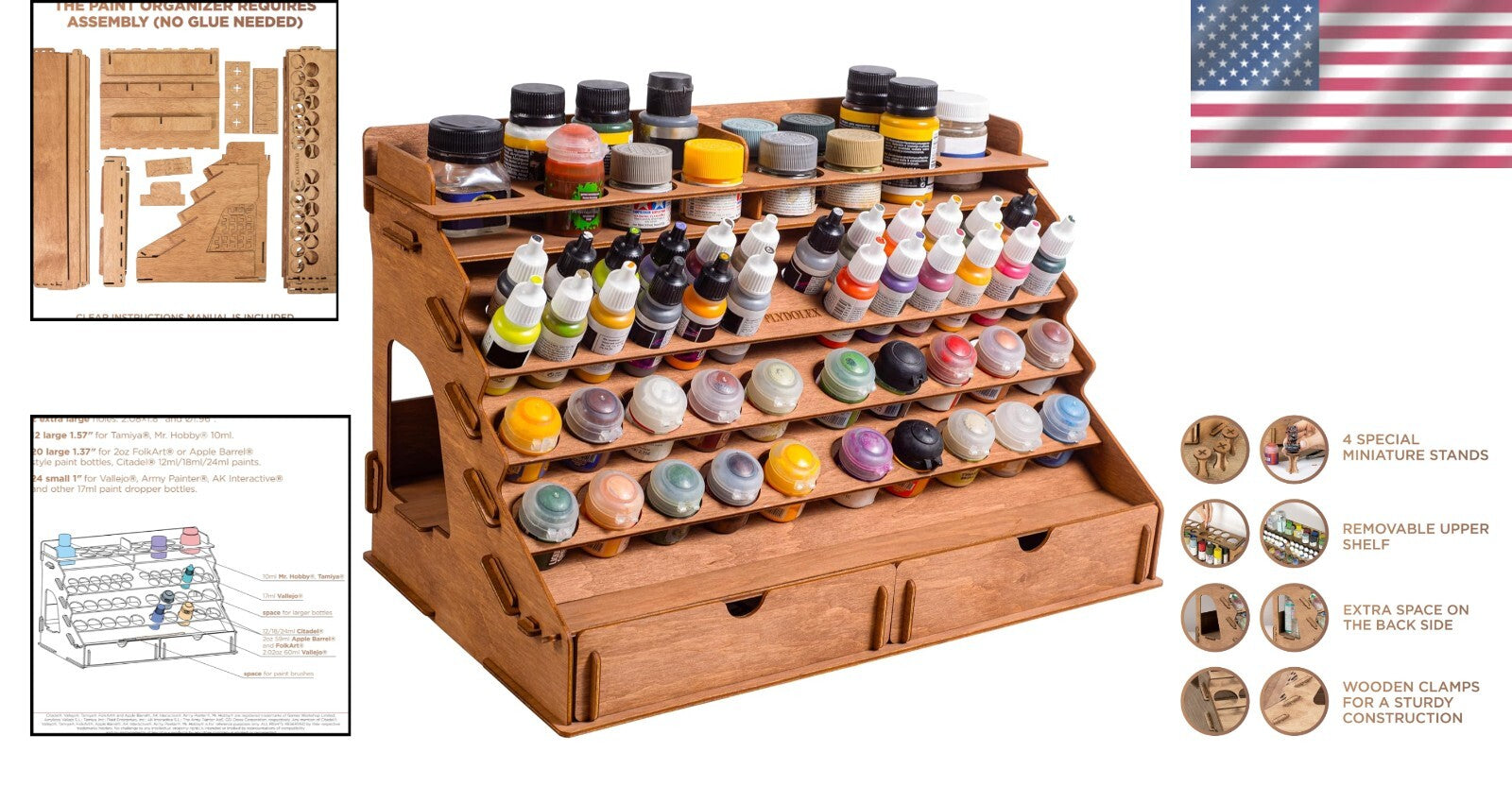 58-Hole Paint Organizer: Removable Shelf & Stands for Miniature Painting