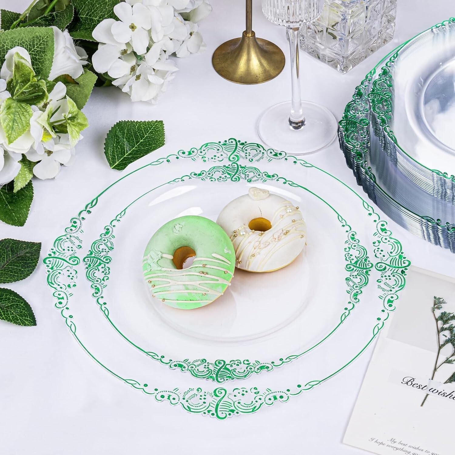 Elegant 175PCS Clear Plate Set with Green Rim - Perfect for St. Patrick's Day