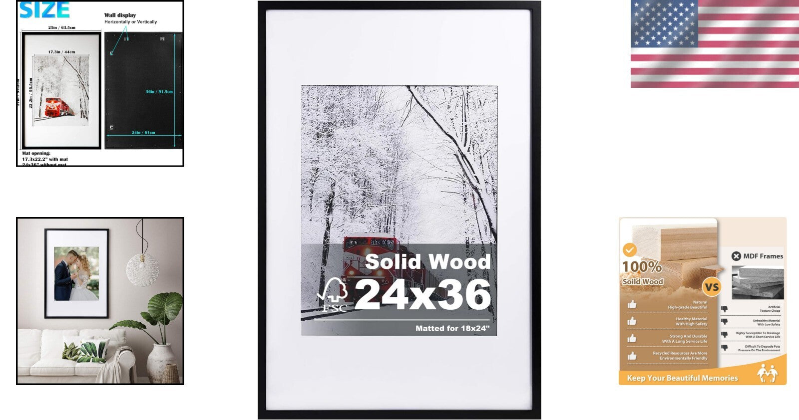 Elegant 24x36 Solid Wood Picture Frame with Plexiglass - Wall Mount & Tabletop