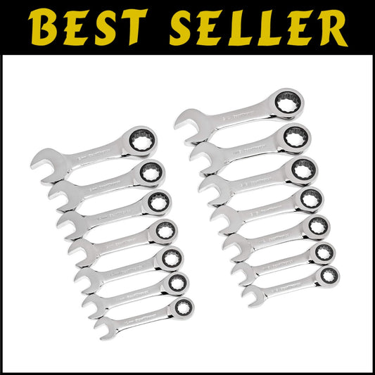 Professional 14 Pc. Stubby Ratcheting Wrench Set - Enhanced Grip & Access