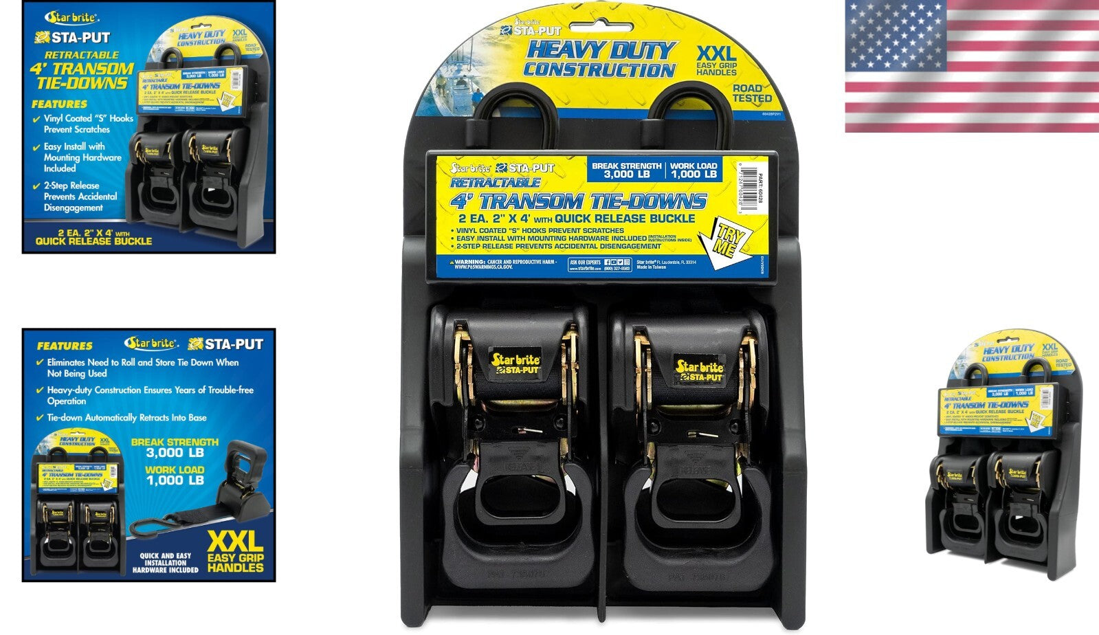 Secure Your Boat - 4' Heavy-Duty Retractable Tie-Downs with STA-PUT Technology