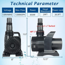 Load image into Gallery viewer, High-Performance 850W Submersible Water Pump for Ponds &amp; Aquariums - 12000GPH