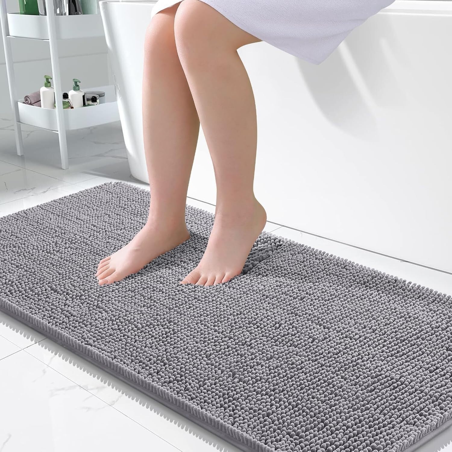 50x30 Grey Chenille Bath Mat - Extra Soft, Machine Washable with Rubber Backing