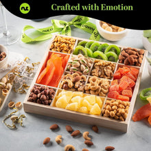 Load image into Gallery viewer, Deluxe Nut &amp; Dried Fruit Care Package - 12 Assortments in Reusable Wooden Tray