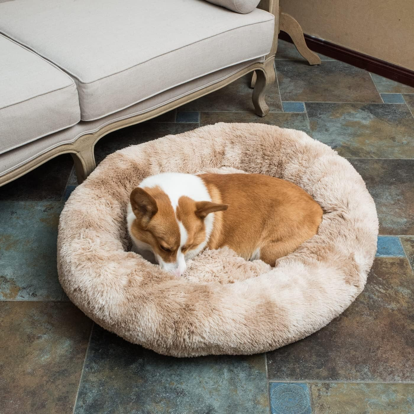 Beige Donut Cuddler Dog Bed - Anti-Skid, Machine Washable 36" for Medium Dogs