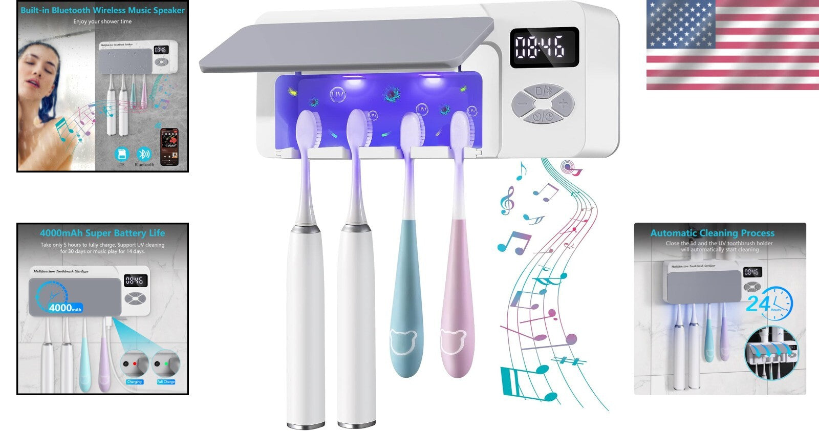 UV Cleaning Bluetooth Toothbrush Holder - Multifunctional 4-in-1 Organizer