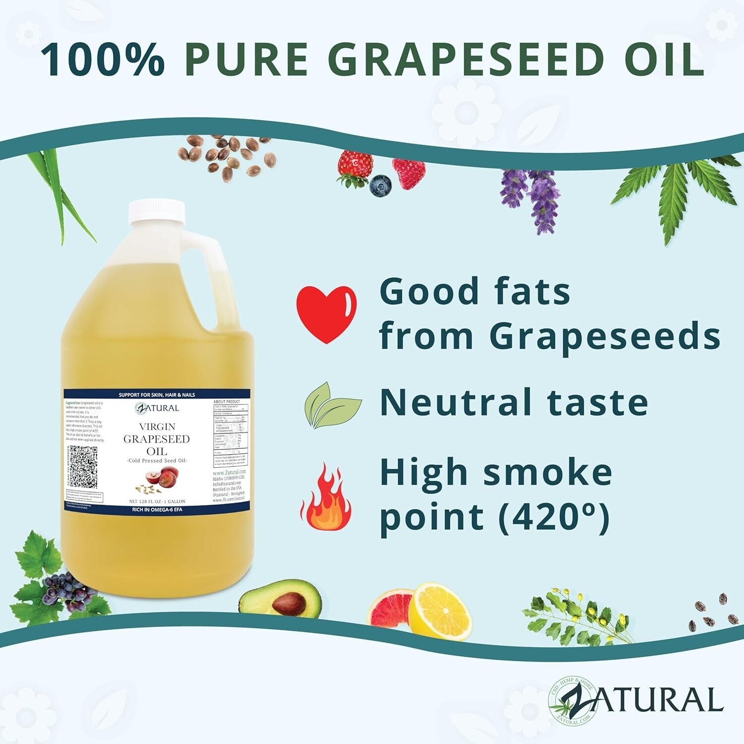 Antioxidant-Rich Cold Pressed Grapeseed Oil for Cooking & Skin Care, 1 Gallon