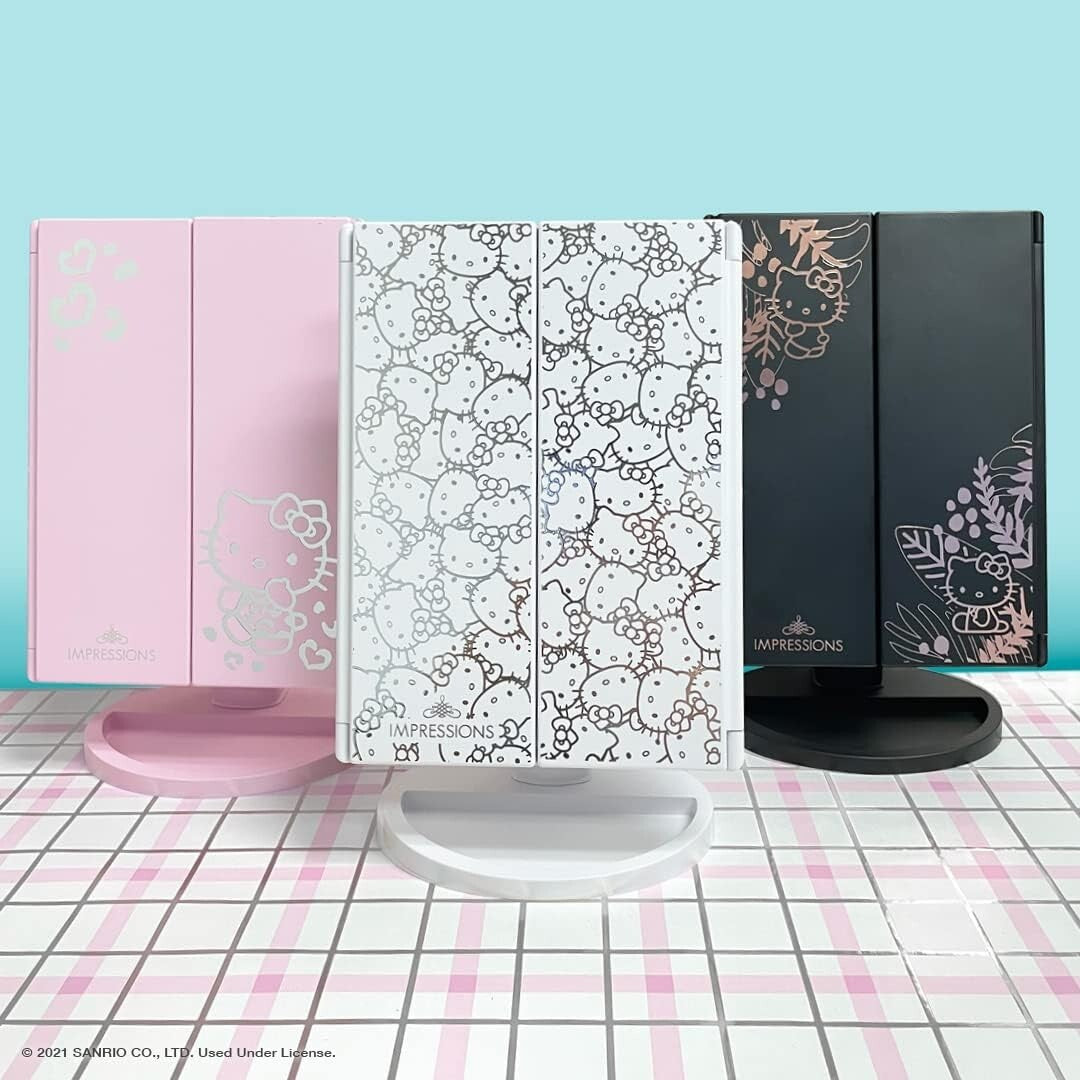 Portable Hello Kitty Trifold Mirror with LED Lights and Magnification Features