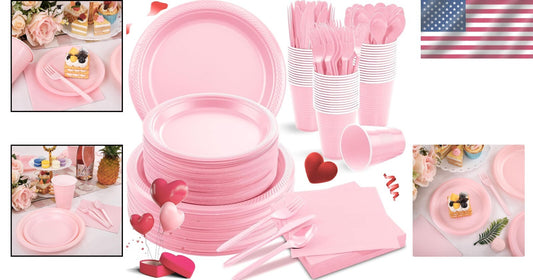 MirthMood 350-Piece Pink Party Set - Plates, Cups & Cutlery for 50 Guests