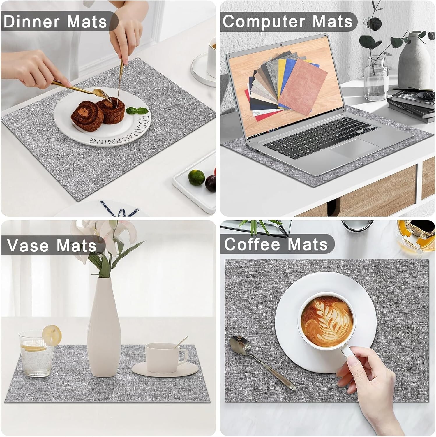 Set of 8 Light Grey Faux Leather Placemats - Stylish Heat Resistant Dining Mats