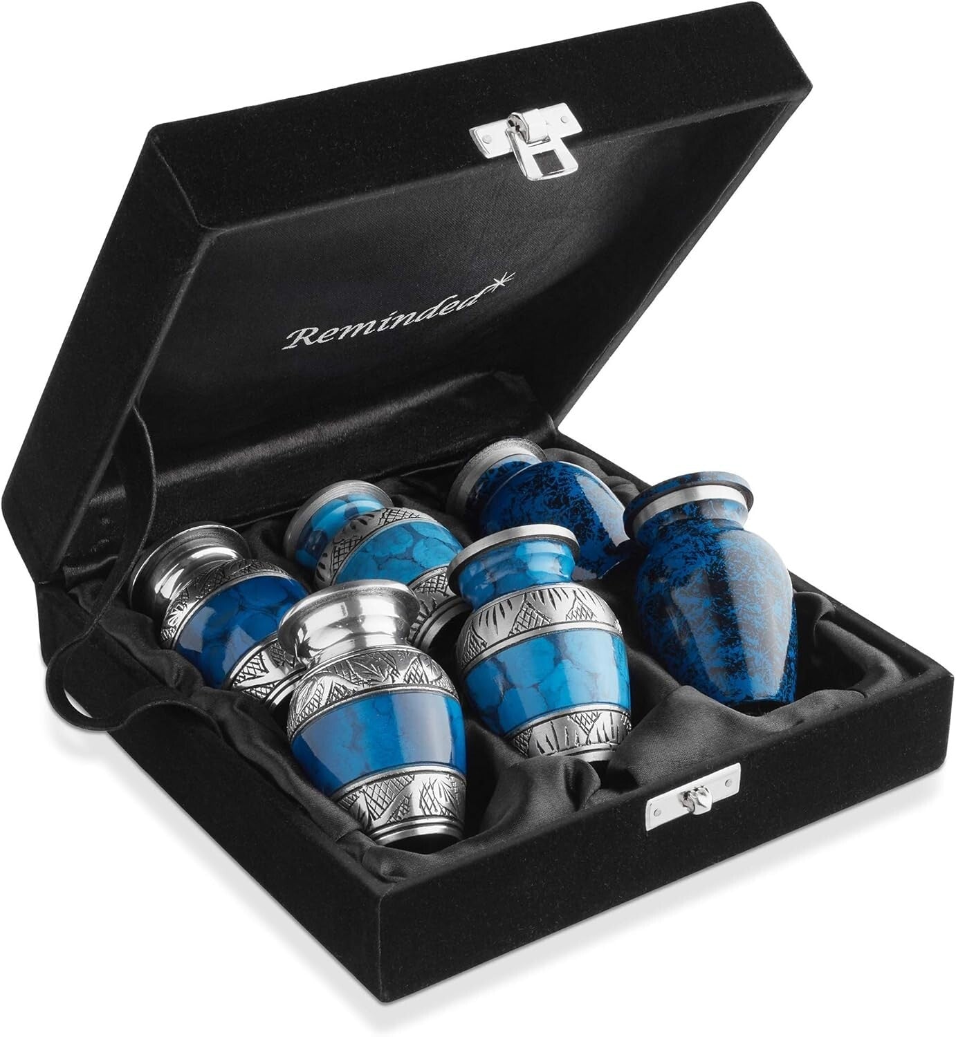 Set of 6 Mini Blue Cremation Urns with Velvet Case - Elegant Keepsake Collection