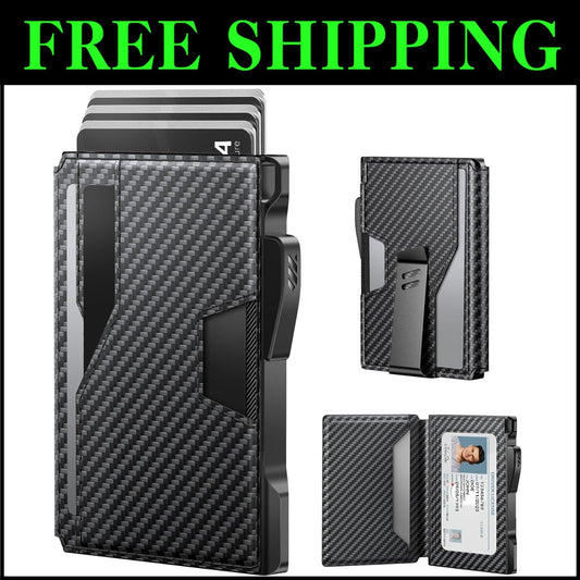 Carbon Fiber Black RFID-Blocking Slim Leather Wallet with Money Clip & Gift Box