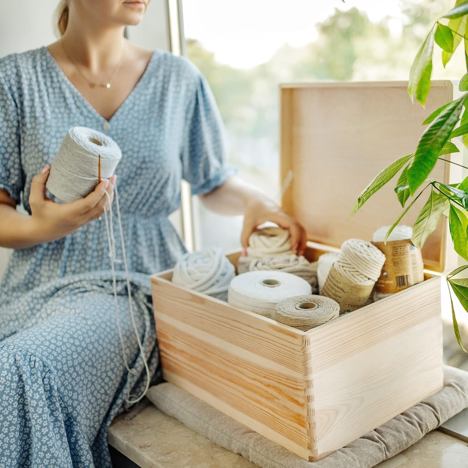 Spacious Hinged Lid Wooden Storage Box - Ideal for Crafts & Toys 15.8x11.8