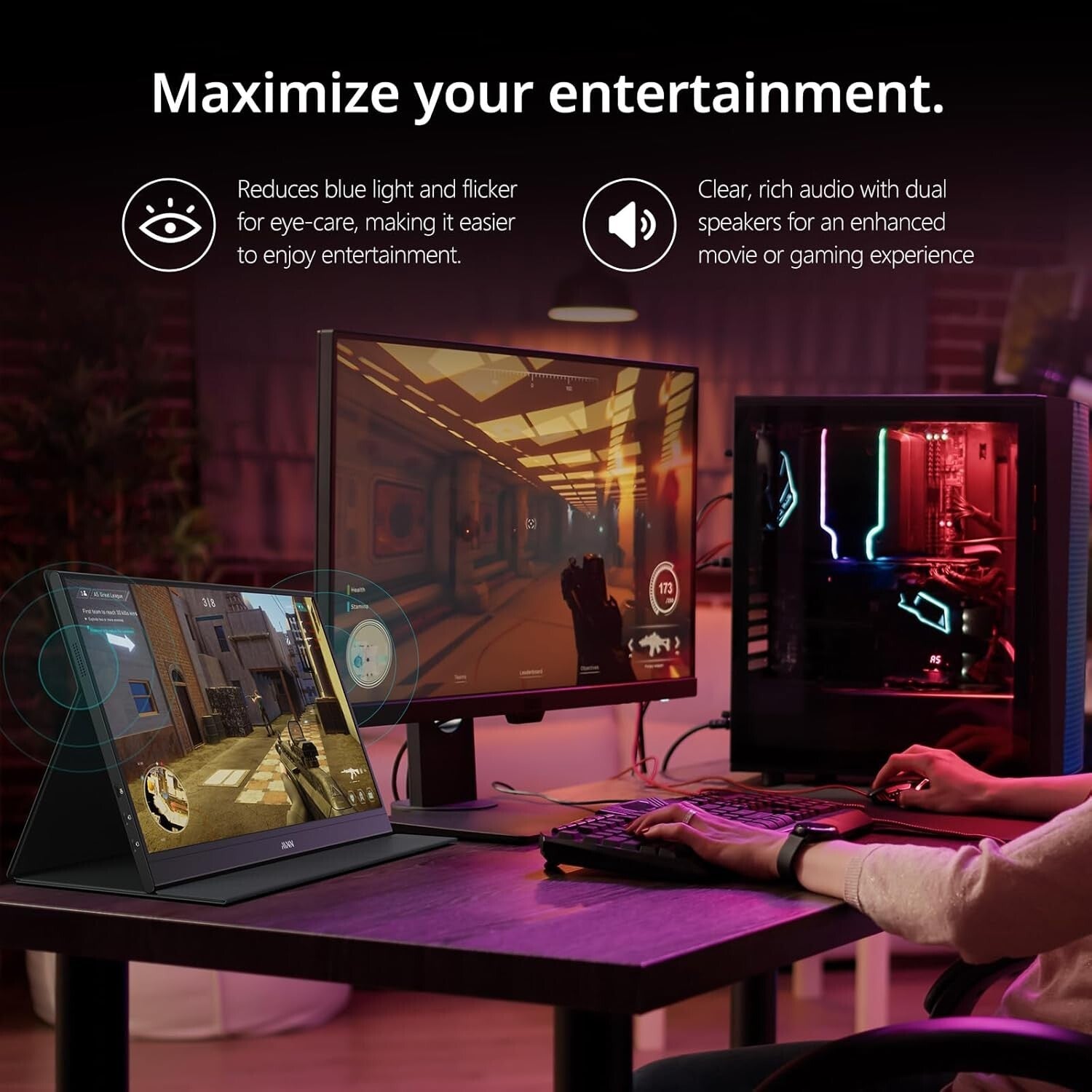 Ultra-Slim 15.6'' 1080P Portable Monitor - Eye-Care with Smart Cover & Speakers