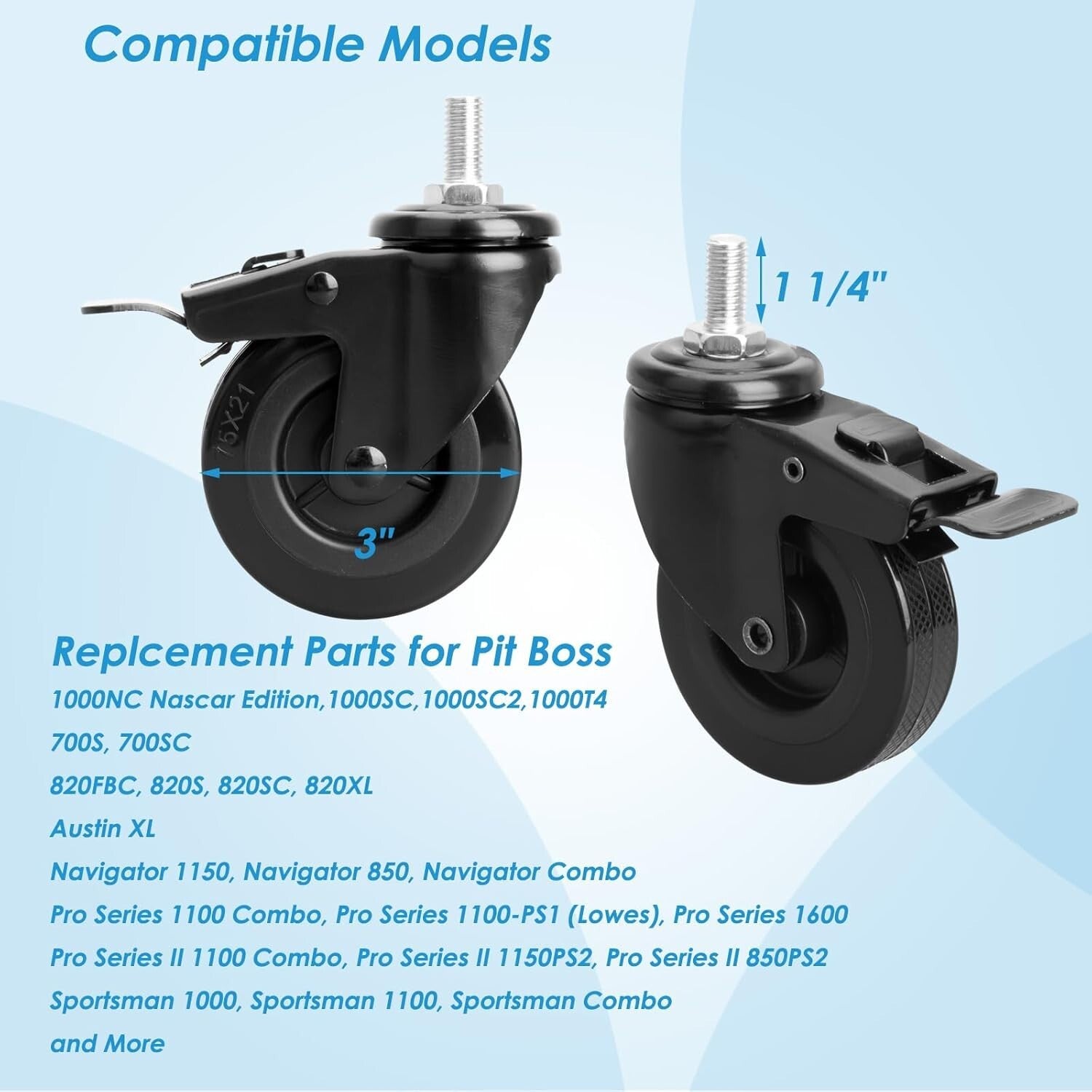 2-Pack 3" Locking Caster Wheels for Pit Boss Pellet Grill Replacement Parts