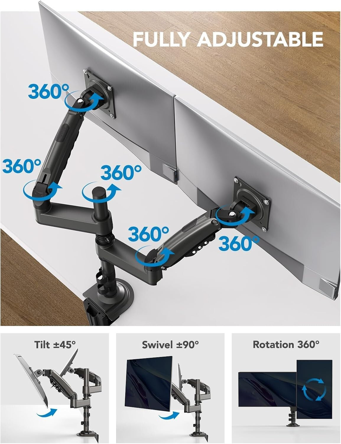 Ergonomic Dual Display Monitor Stand - Tilt/Swivel/Rotate for Optimal Viewing