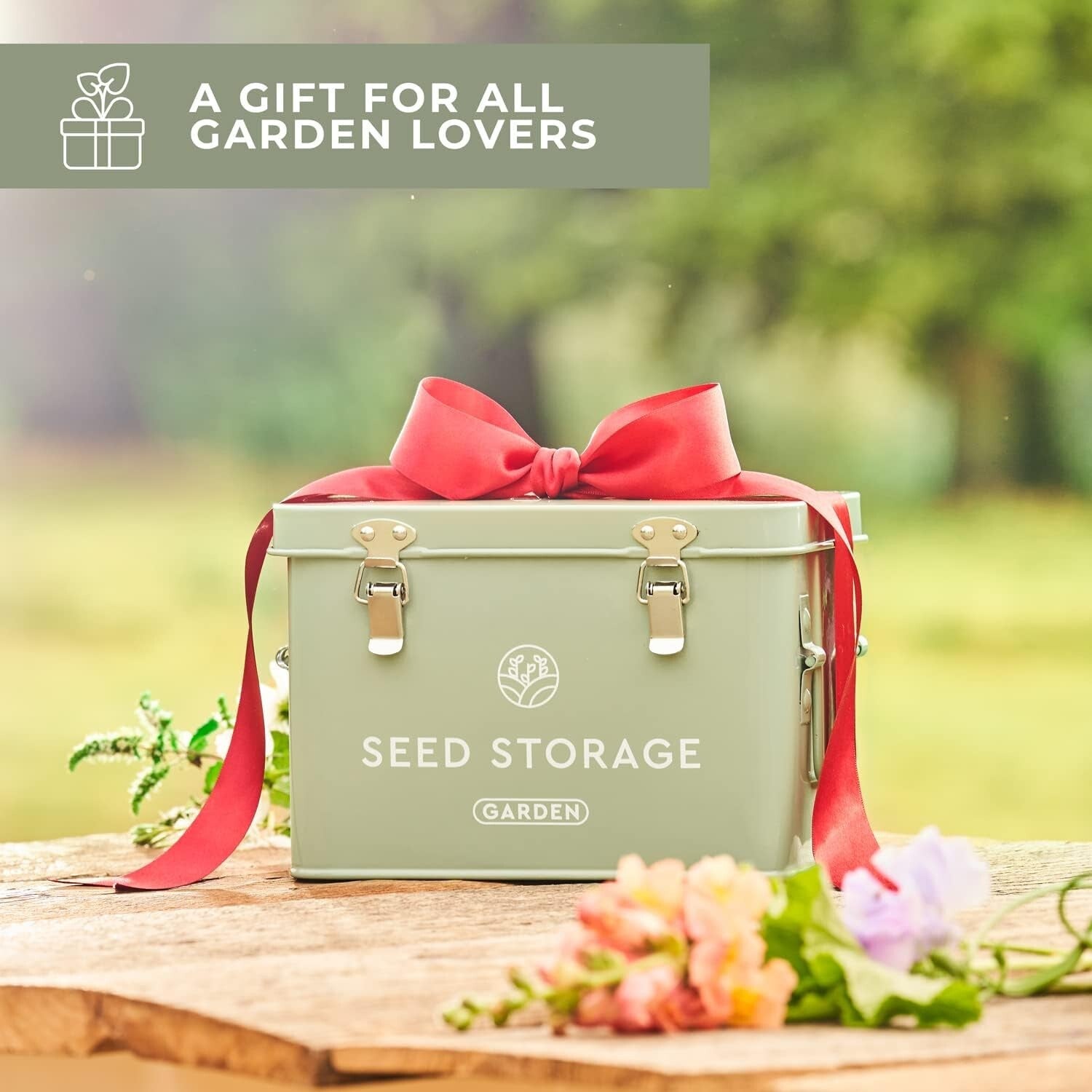 Elegant Metal Seed Storage Box with 3 Compartments & Bamboo Labels - Green