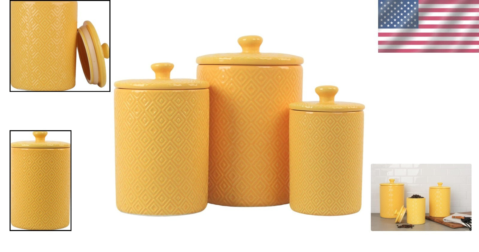 Durable 3-Piece Yellow Canister Set with Knobbed Lids for Organized Countertops