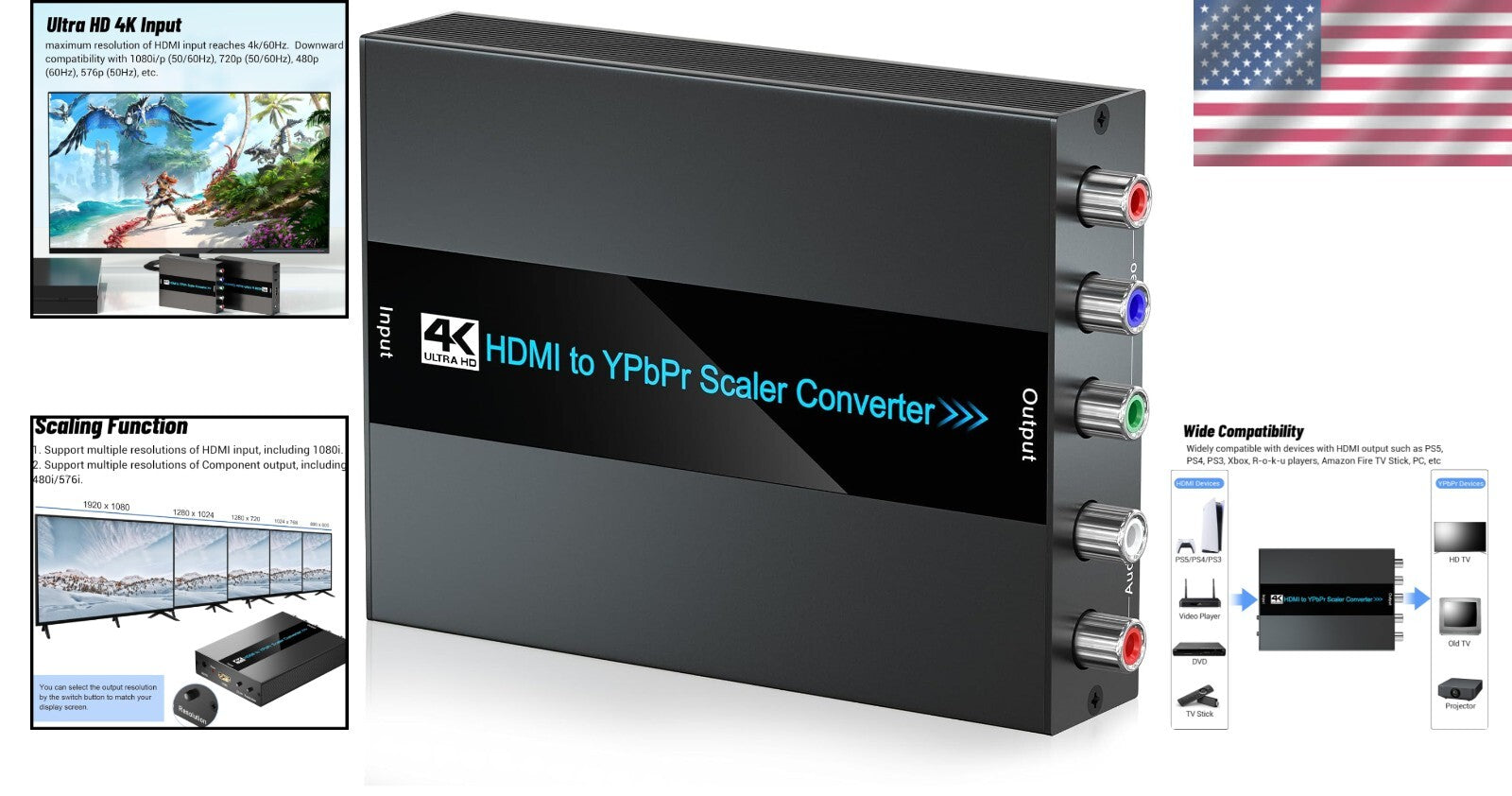 Ultra HD 4K HDMI to YPbPr Converter for CRT TV, Scales Multiple Resolutions