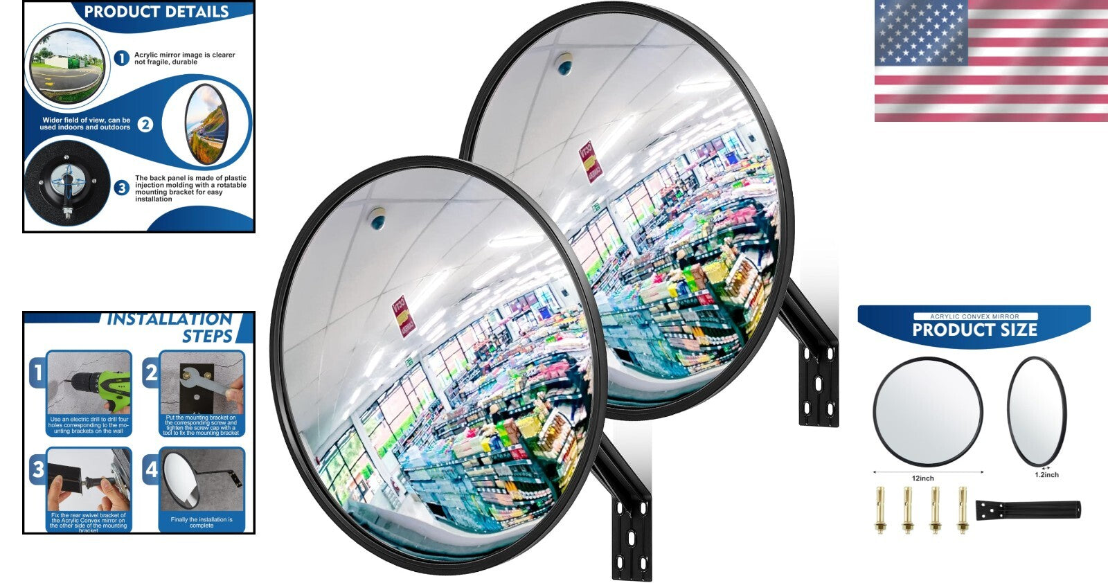 Durable Acrylic Traffic Mirrors - 2 Pack for Corners & Blind Spots, 12 Inch